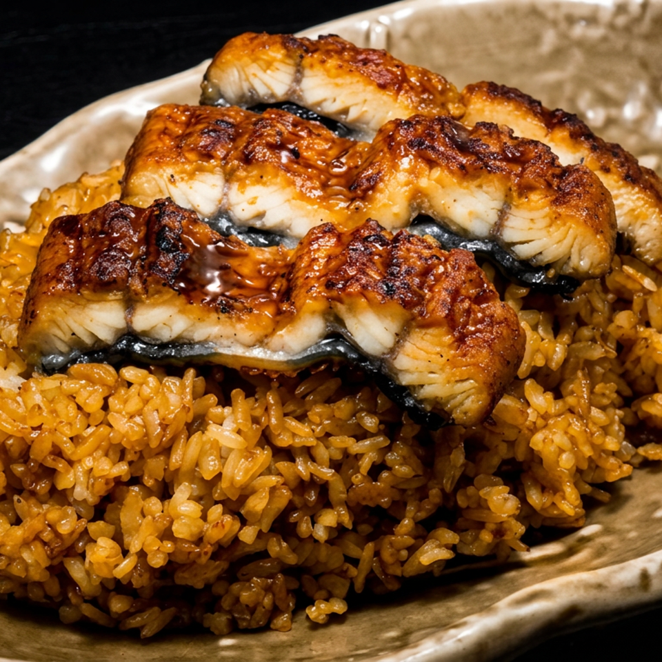 Glazed grilled eel fillets layered over a mound of seasoned golden rice on a rustic ceramic plate.