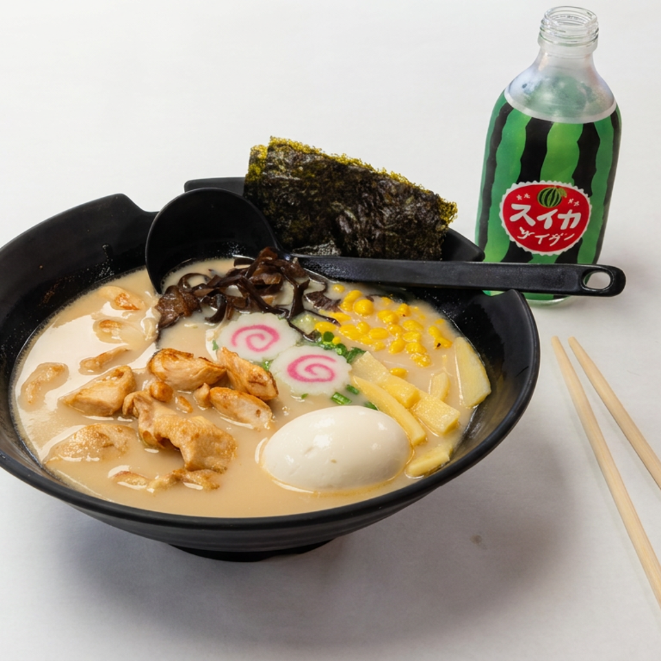 Bowl of creamy ramen topped with egg, corn, fish cake, mushrooms, fried garlic, seaweed, and chopsticks beside a green soda bottle.