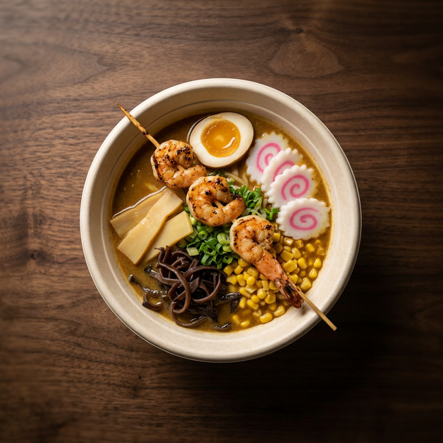 Curry Ramen with Shrimp Skewer.